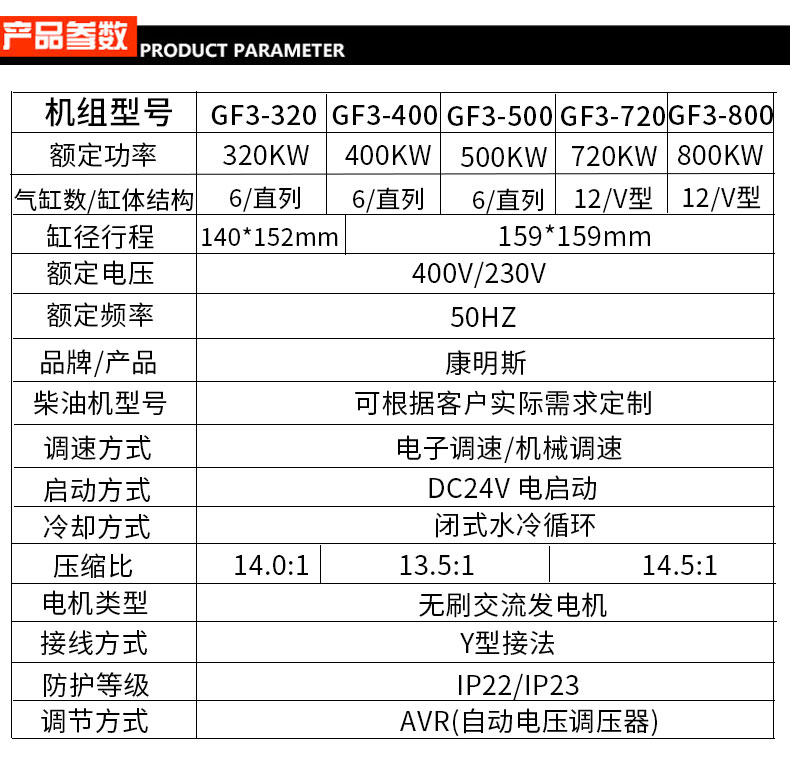 康明斯300-800kw柴油發(fā)電機(jī)參數(shù)