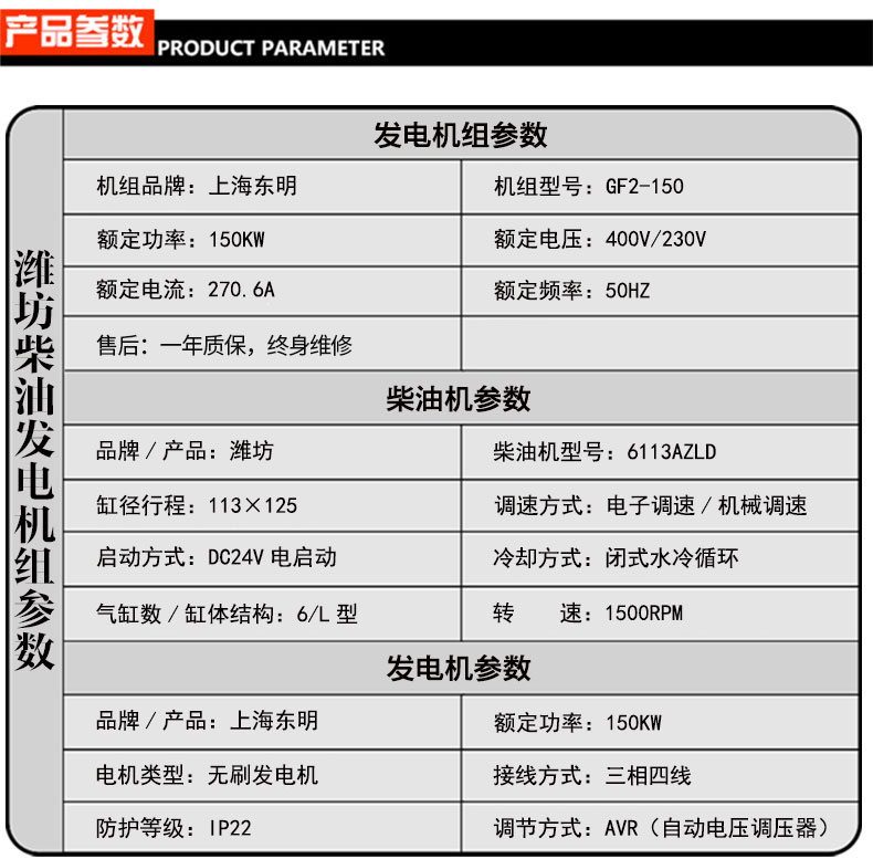 150KW靜音箱式柴油發(fā)電機(jī)組參數(shù)